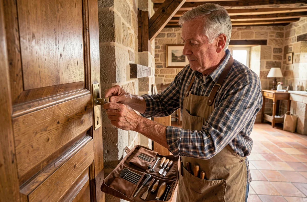 Artisan serrurier A La Clef posant une serrure haute sécurité dans une maison angevine
