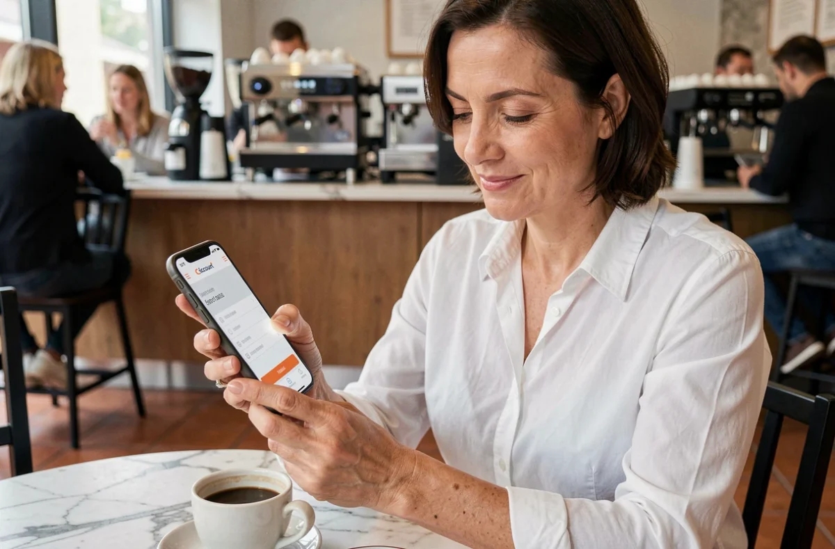 Femme accédant à son compte Cdiscount sur mobile dans un café