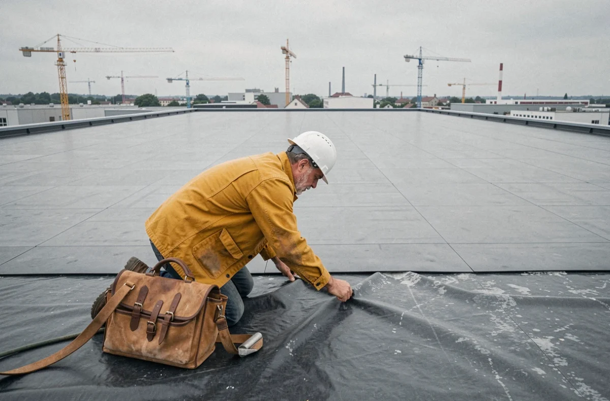 Couvreur d'Acker Toitures posant une membrane d'étanchéité sur un toit plat commercial à Strasbourg