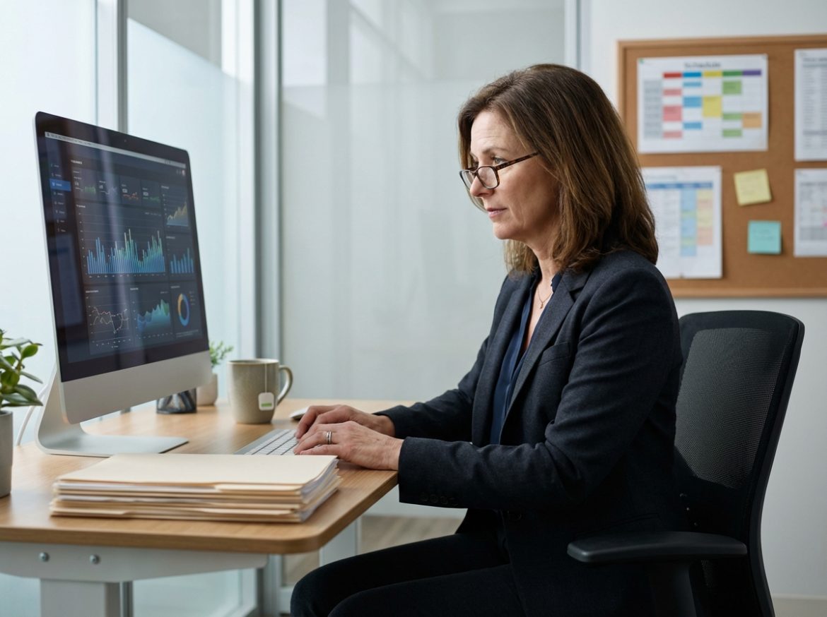 Administratrice de santé au bureau avec ordinateur et documents