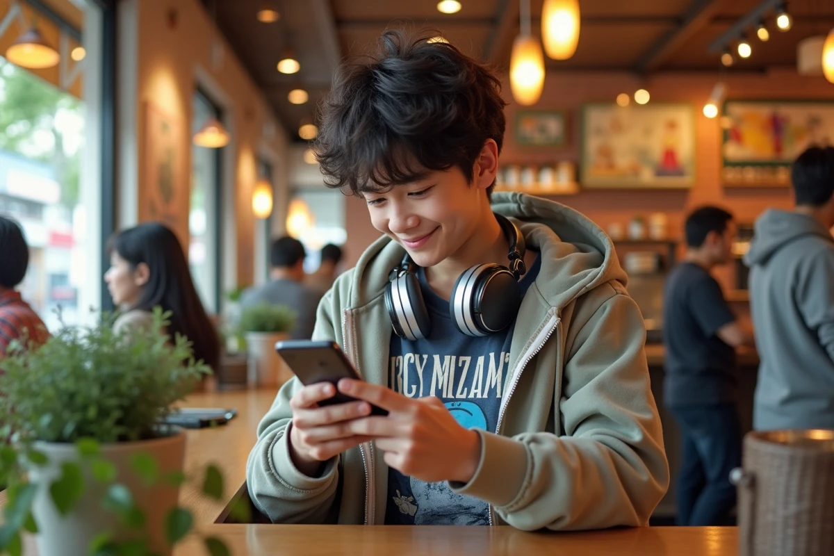 Adolescent au café regardant manga sur smartphone
