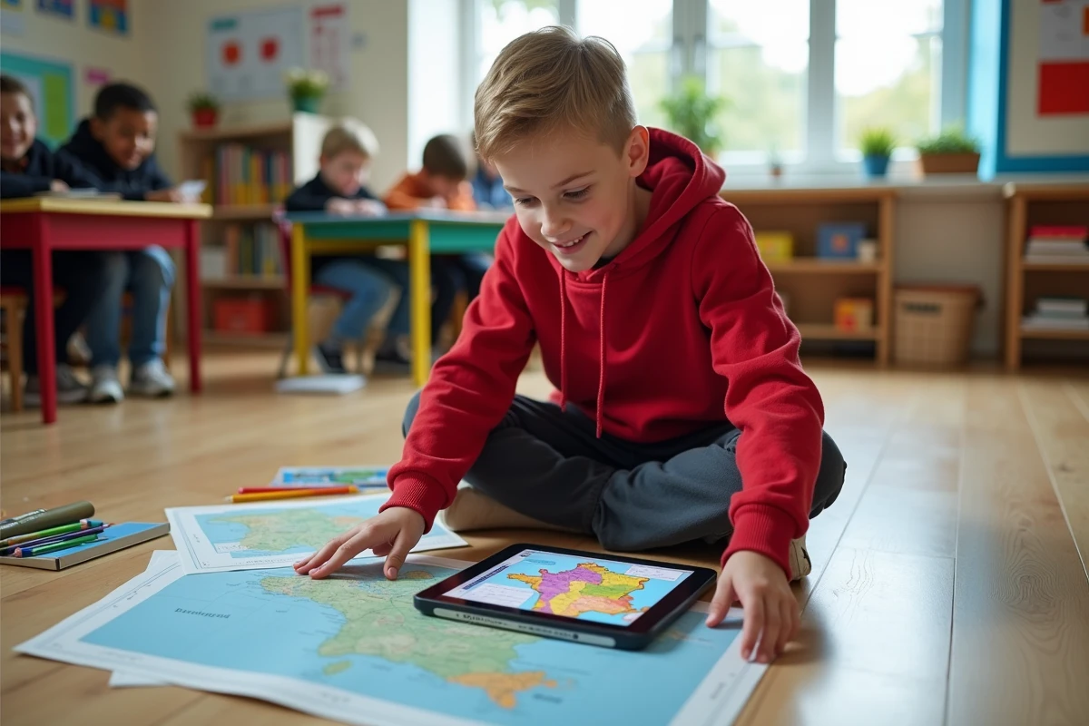 Adolescent avec cartes et tablette dans une classe lumineuse