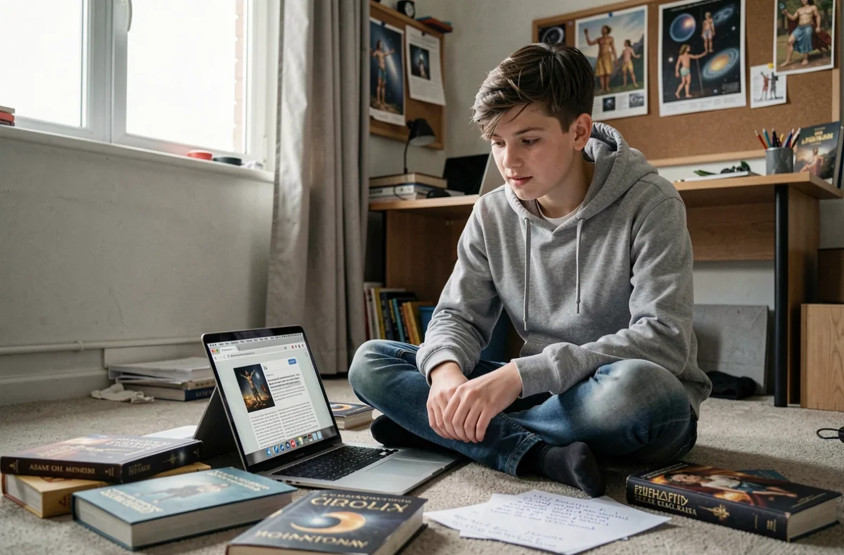Adolescent découvrant la mythologie et l'astronomie de Io sur son ordinateur portable