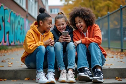 Groupe d'adolescents qui rient en regardant un smartphone devant un lycée urbain, illustrant le vocabulaire et le langage des jeunes