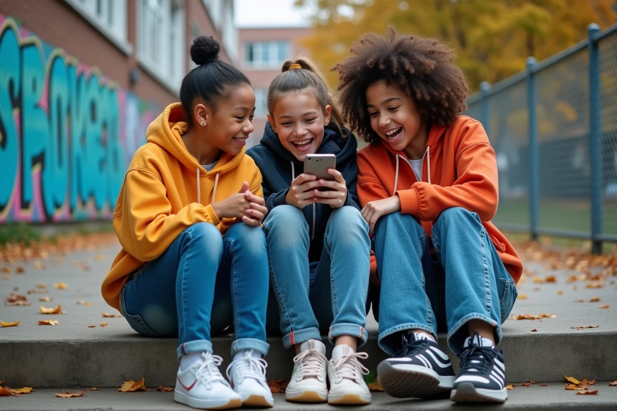 Groupe d'adolescents qui rient en regardant un smartphone devant un lycée urbain, illustrant le vocabulaire et le langage des jeunes