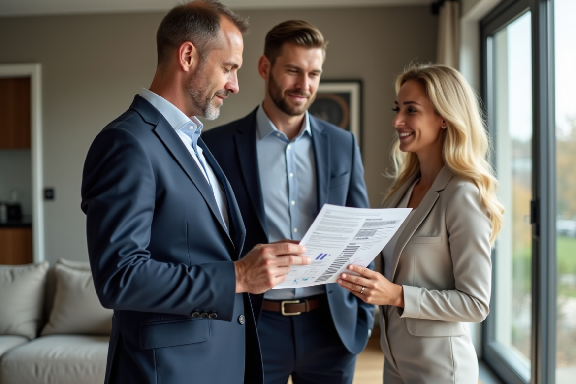 Agent immobilier en costume bleu avec couple et rapport DPE