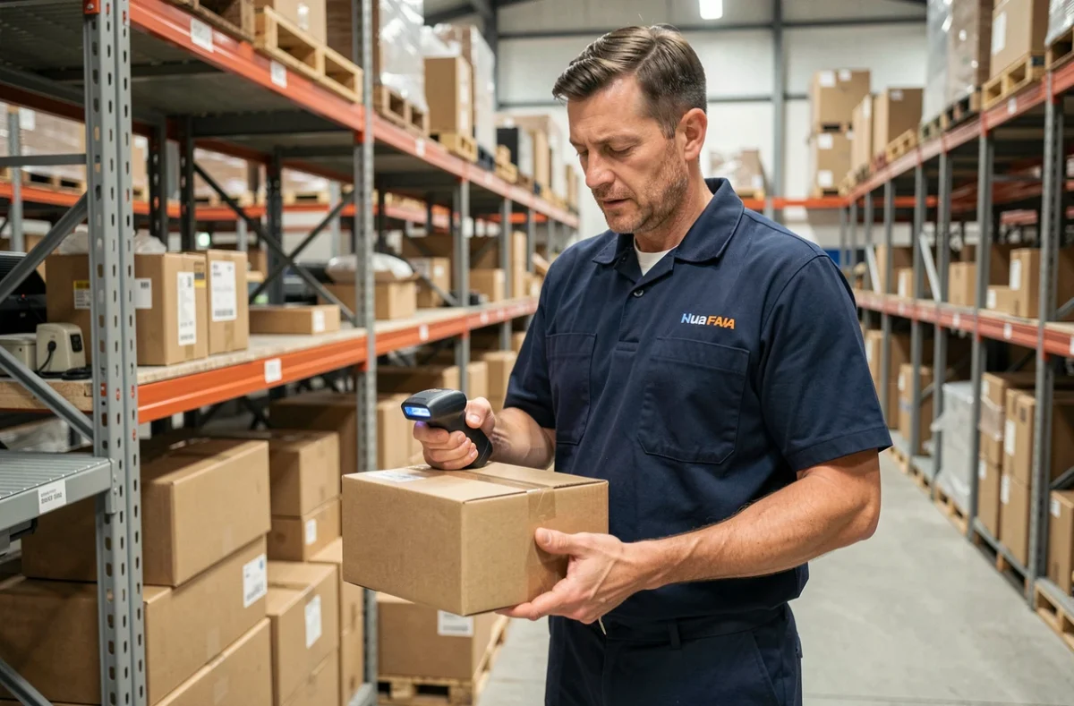 Agent de tri scannant un colis LP Collect dans un centre de distribution logistique