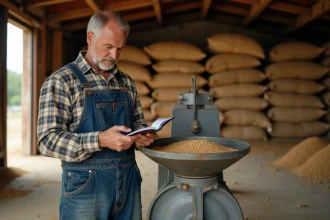 Agriculteur calculant la conversion de quintaux en tonnes sur un bloc-notes dans une grange agricole avec une balance industrielle