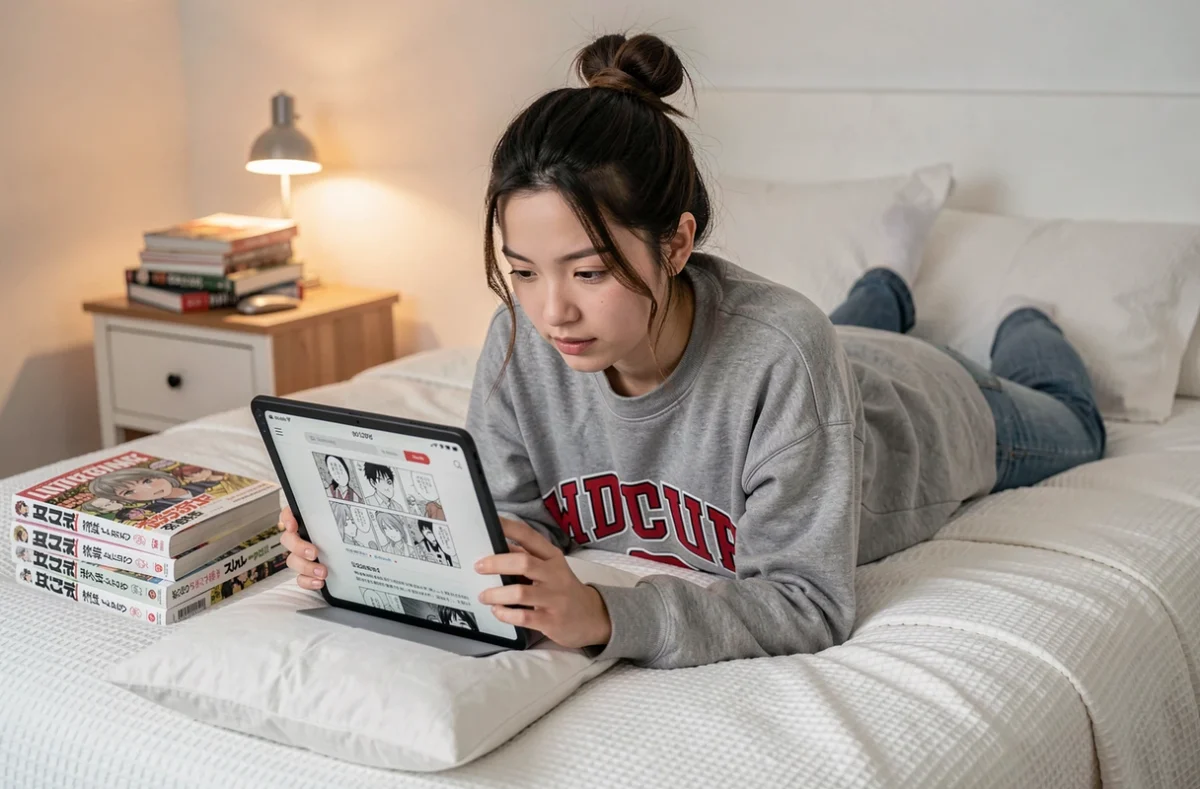 Jeune femme cherchant une alternative de lecture de scan manga One Piece sur une tablette dans sa chambre d'étudiant