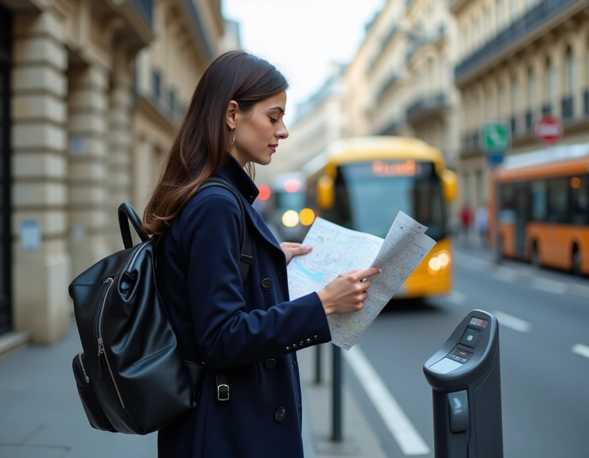 Femme consultant une carte à Paris cherchant une alternative au métro perturbé avec vélos en libre-service
