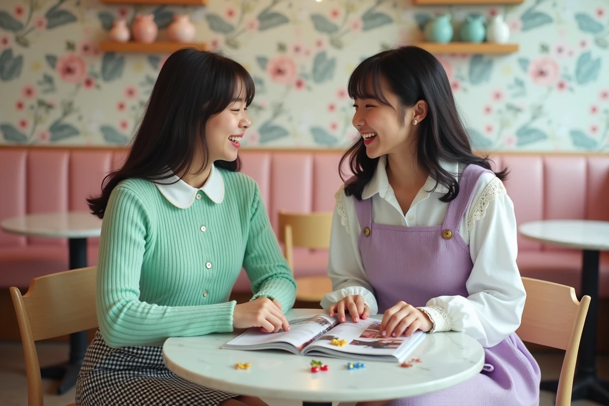 Deux amies en tenues kawaii comparant des accessoires et un guide de style dans un café pastel parisien