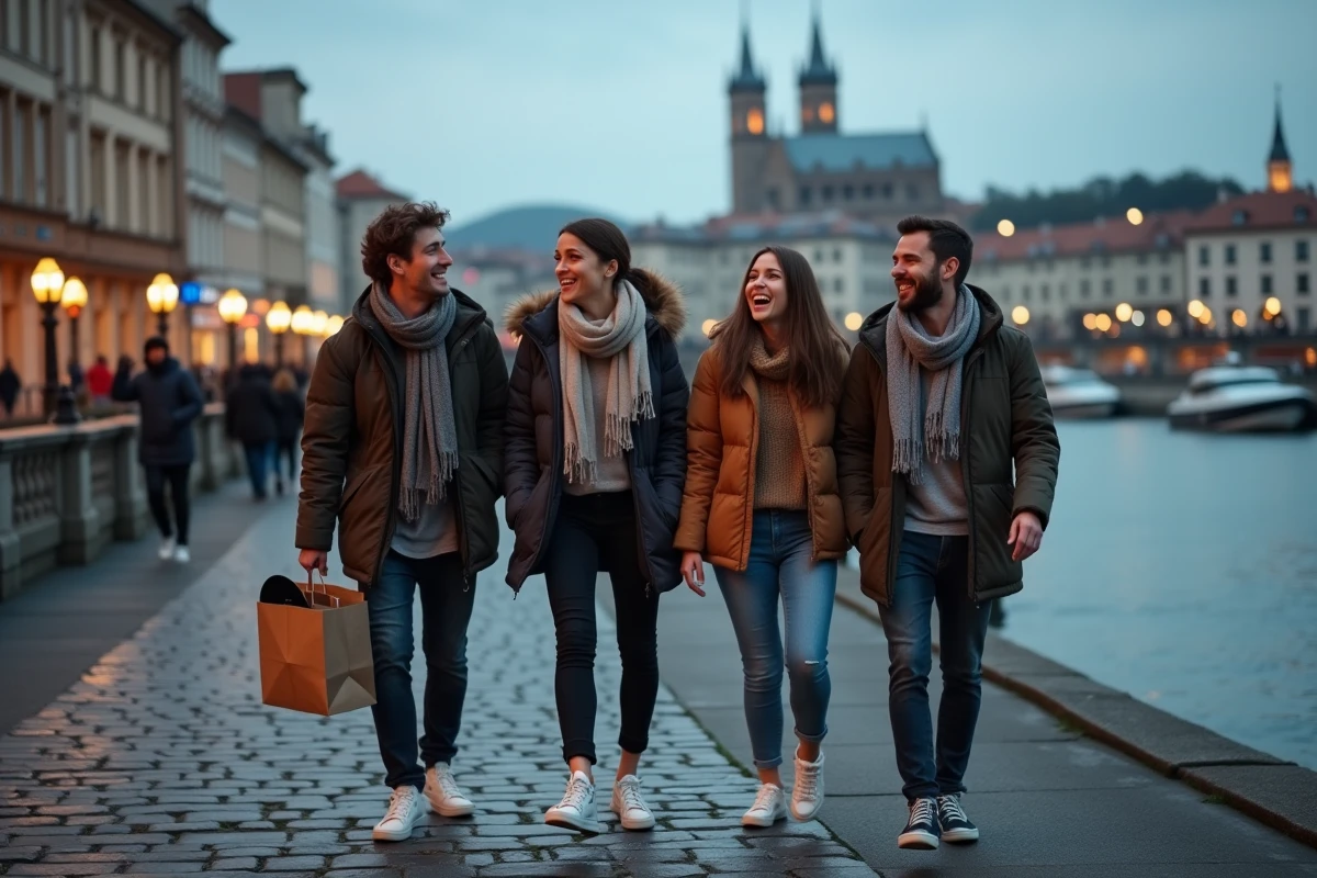 Groupe d'amis se promenant sur les quais de la Saône à Lyon après un concert, basilique de Fourvière en arrière-plan au crépuscule