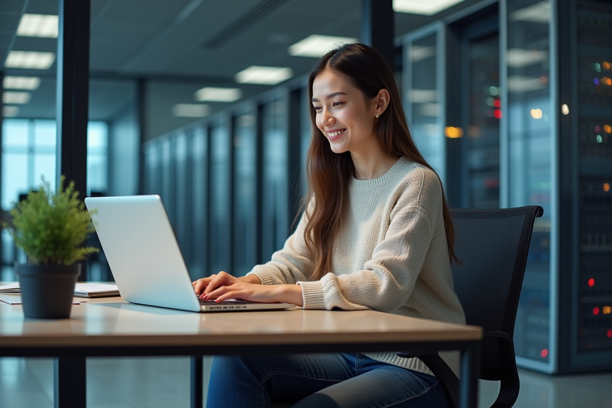 Jeune femme analyste de données dans un bureau moderne