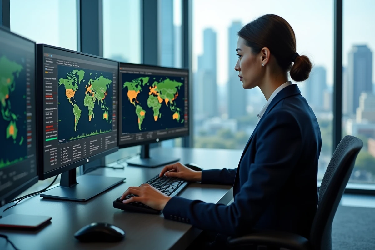 Analyste financière devant des écrans de trading affichant des flux commerciaux et des données de dotation factorielle en ressources naturelles pour comprendre la spécialisation des pays exportateurs
