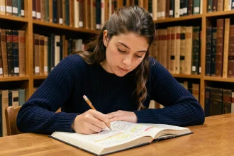Jeune femme annotant un livre dans une bibliothèque universitaire pour illustrer les figures de style dans un commentaire composé