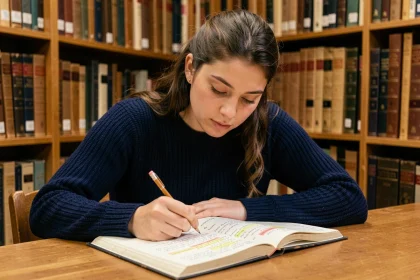 Jeune femme annotant un livre dans une bibliothèque universitaire pour illustrer les figures de style dans un commentaire composé
