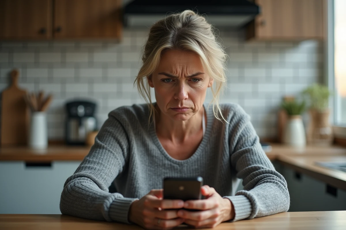 Femme inquiète regardant un appel entrant d'un numéro 0424 suspect sur son smartphone dans une cuisine moderne