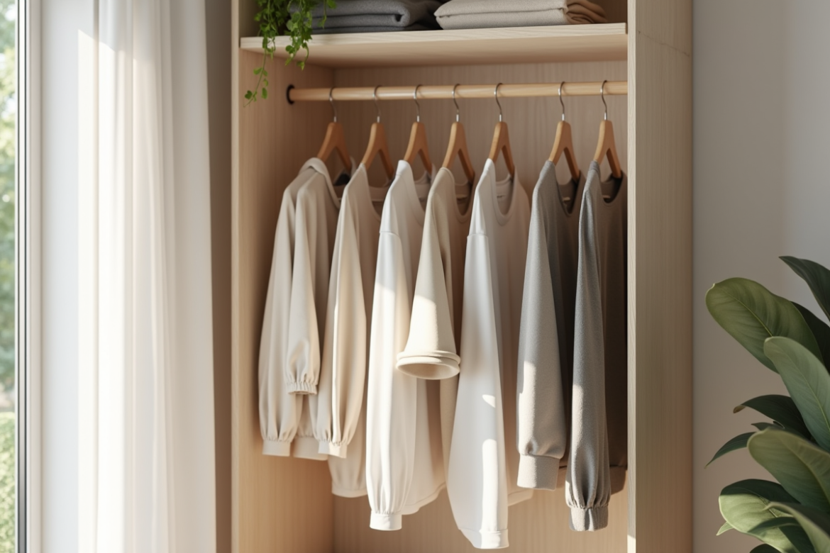 Armoire minimaliste avec vêtements neutres et lumière naturelle