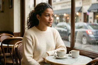 Femme artiste chantante assise dans un café parisien, regard pensif tourné vers la fenêtre, ambiance intime et authentique