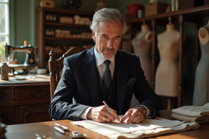 Homme tailleur cousant un tissu dans un atelier parisien