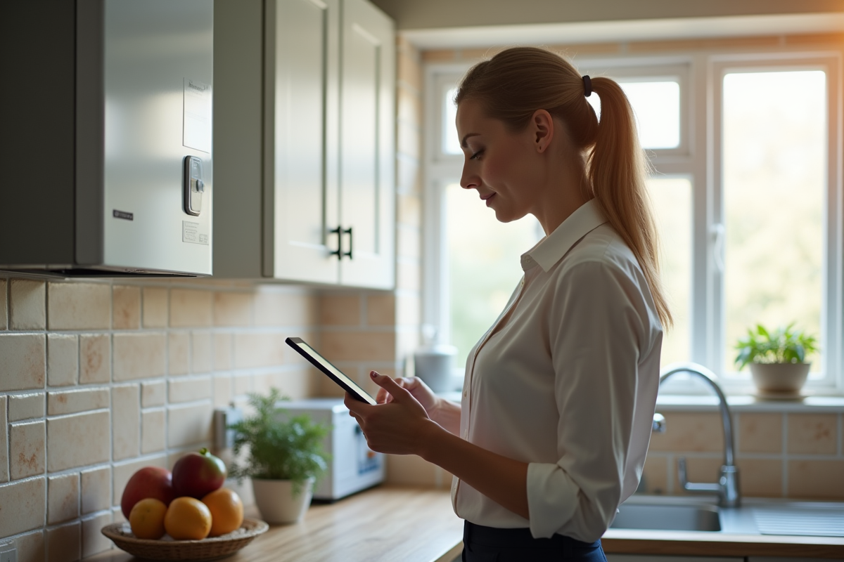 Auditrice energie utilisant tablette dans cuisine lumineuse