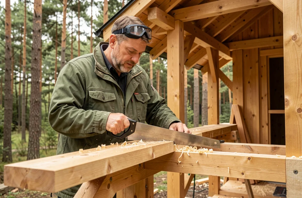 Artisan de BE WOOD travaillant sur la charpente bois d'un chalet écologique dans le Bas-Rhin