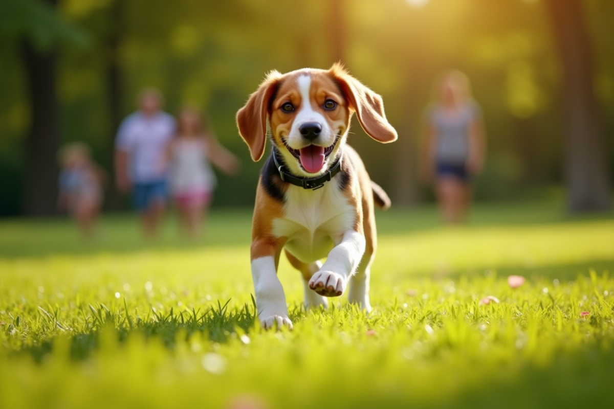 Chien beagle courant dans un parc vert ensoleille