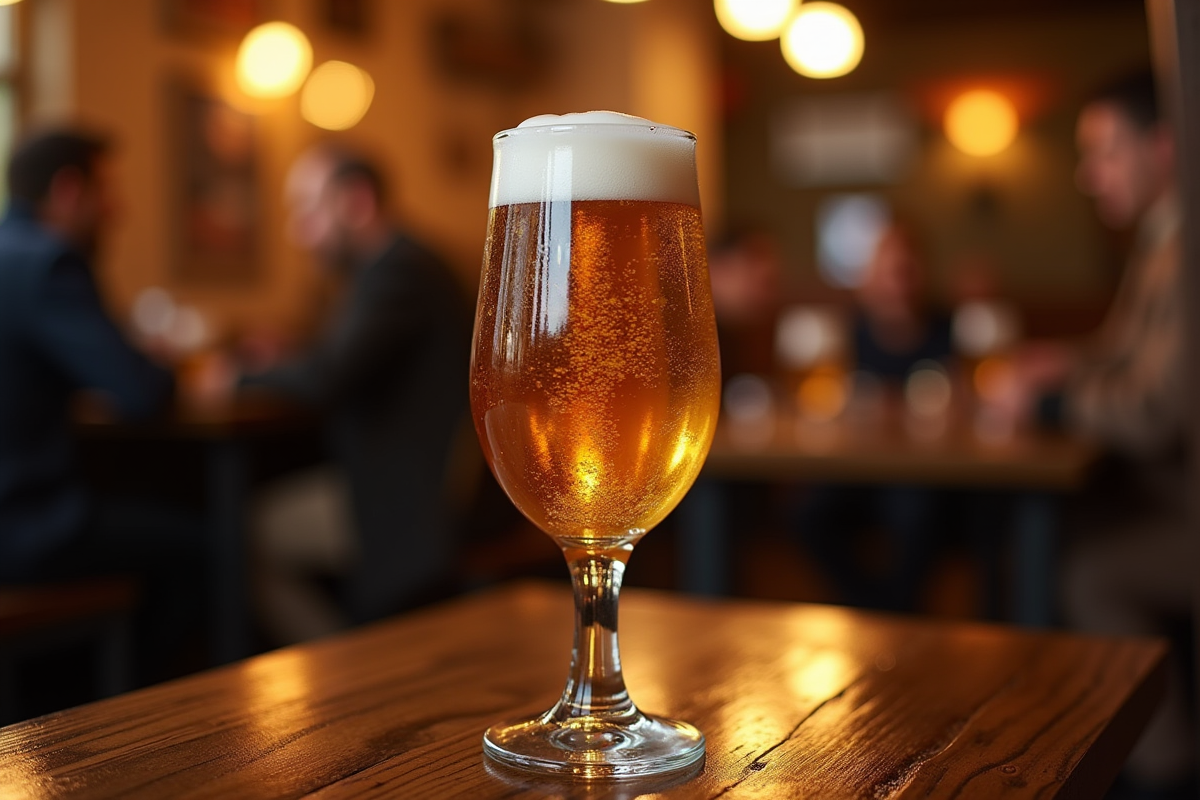 Bière belge servie à température ambiante dans un goblet dans un pub chaleureux