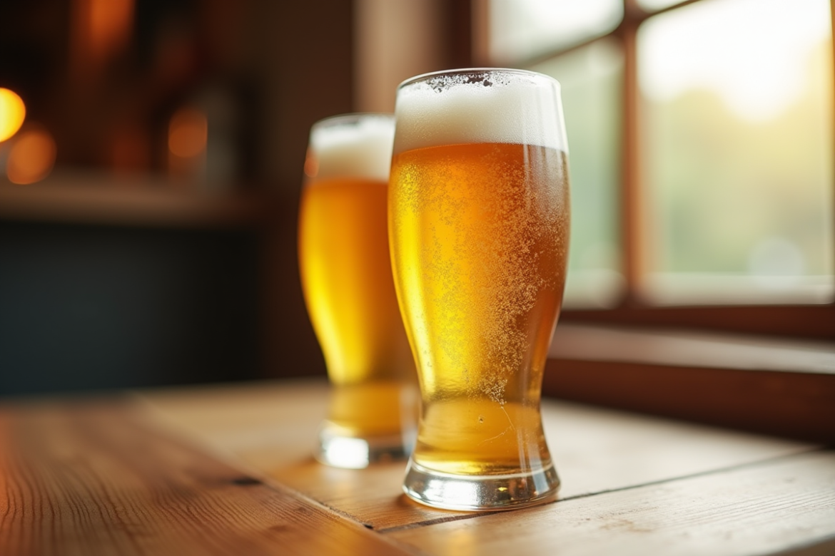 Bière belge fraîche dans un verre tulipe sur une table en bois