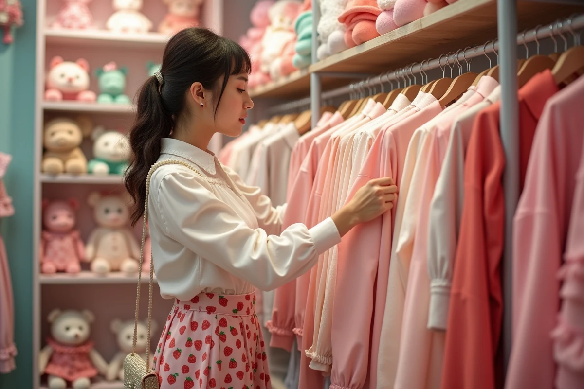 Femme parisienne explorant des vêtements kawaii dans une boutique de mode inspirée de Harajuku à Paris