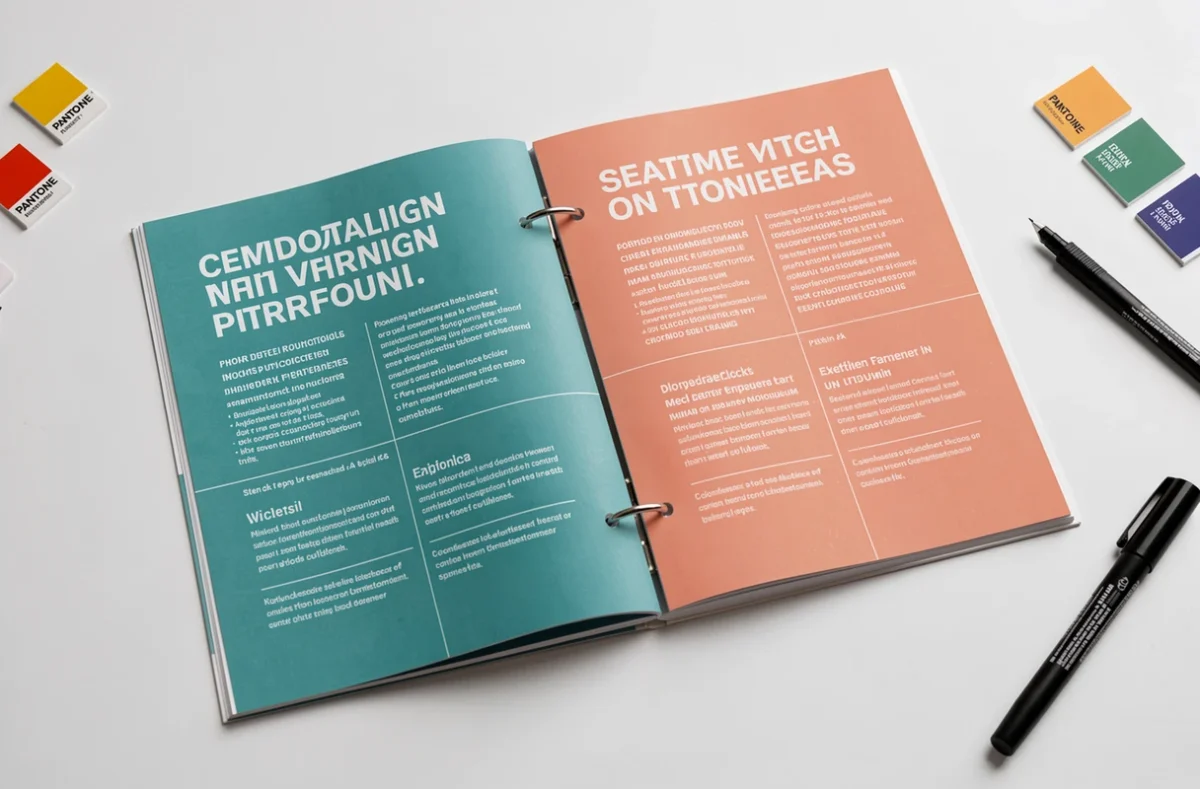Vue macro d'une brochure agrafée 8 pages ouverte avec typographie audacieuse et palette de couleurs teal et corail sur table blanche