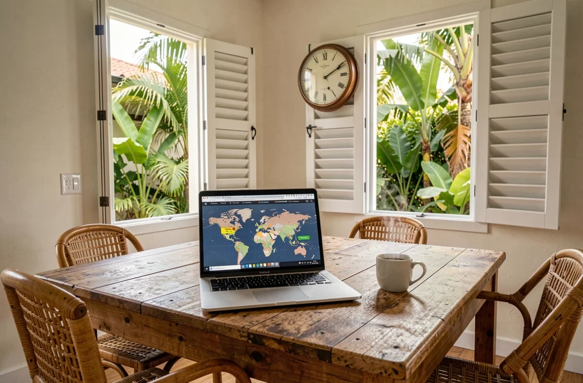 Bureau tropical à La Réunion avec horloge murale et carte des fuseaux horaires sur ordinateur, décalage horaire entre La Réunion et l'Europe