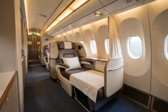 Cabine business d'un avion long-courrier avec siège-lit et porte coulissante