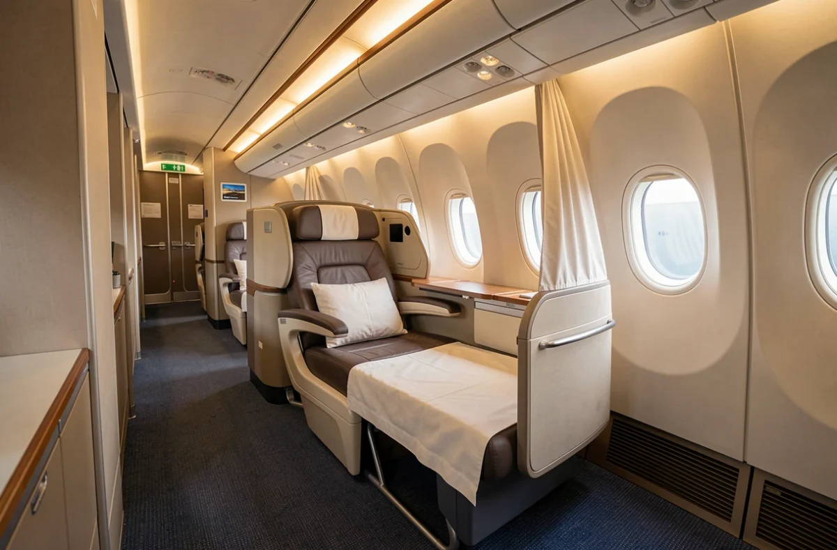 Cabine business d'un avion long-courrier avec siège-lit et porte coulissante
