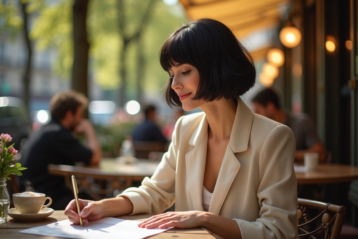 Femme avec cheveux courts dans un café parisien en après-midi