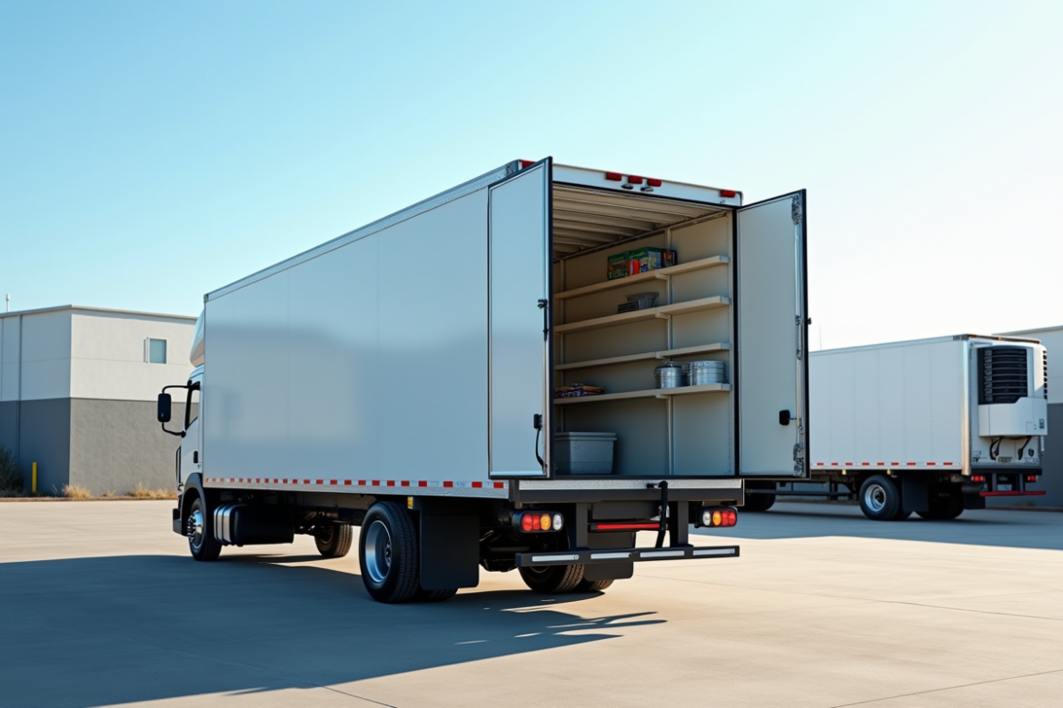 Camion frigorifique stationne en depot ensoleille avec porte ouverte