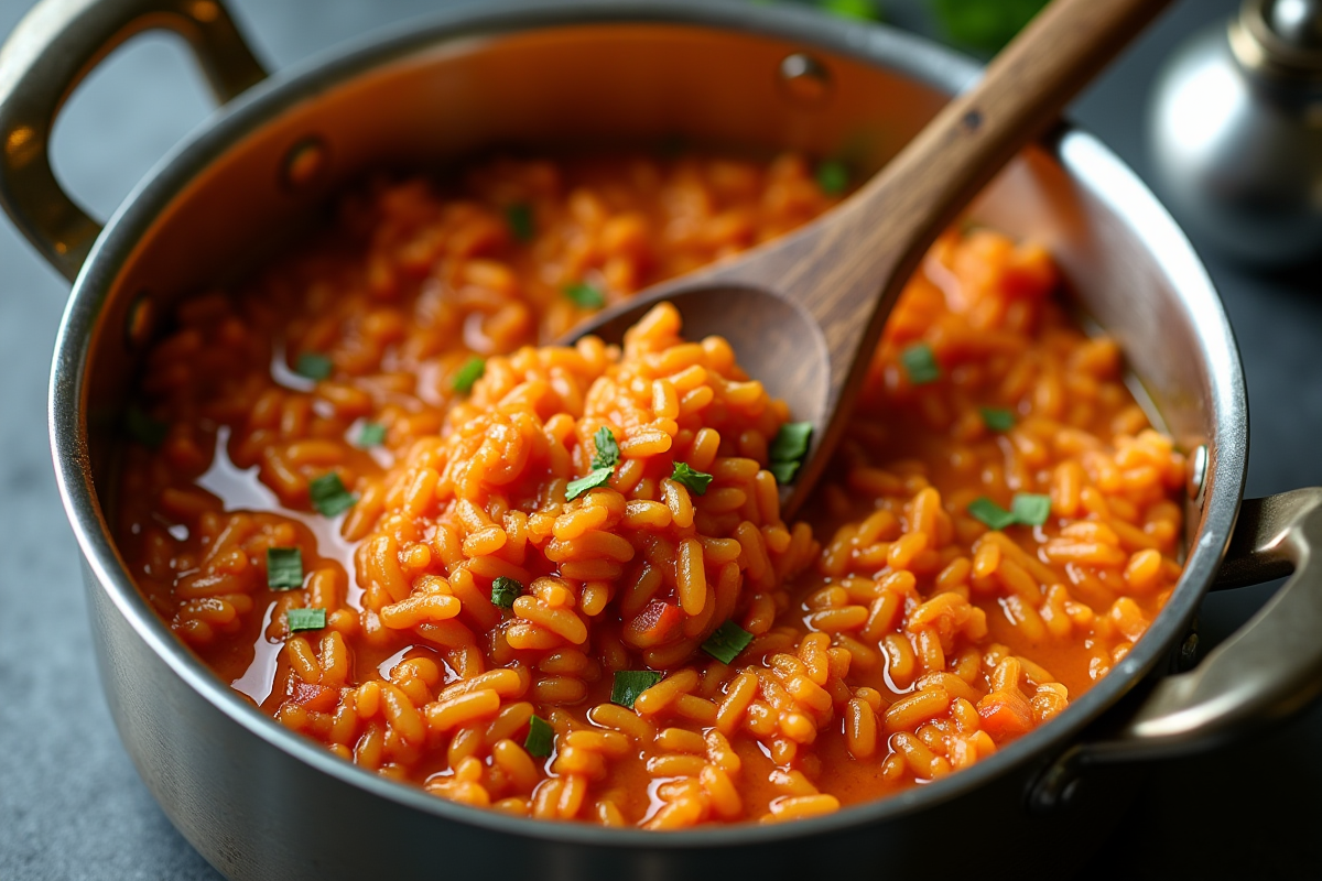 Casserole de risotto au chorizo en train d