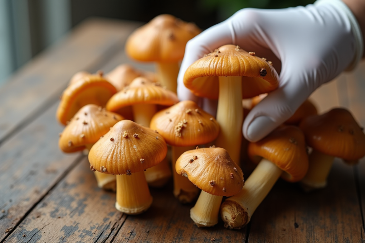 Gros plan de champignons chanterelles frais sur une table en bois