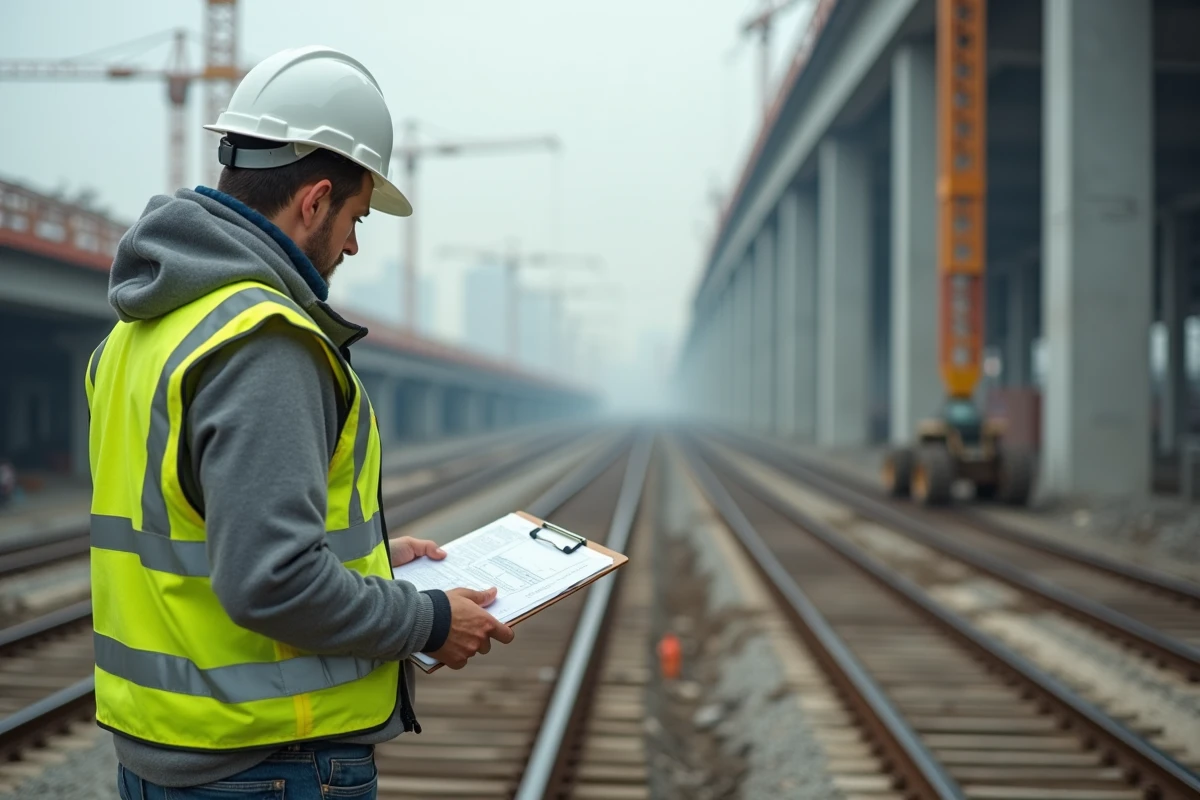 Chantier de construction d'infrastructure de transport urbain en 2026, contremaître inspectant les travaux de métro