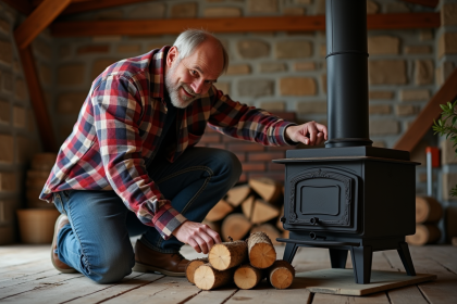 Homme d'âge moyen chargeant du bois dans une cheminée en bois