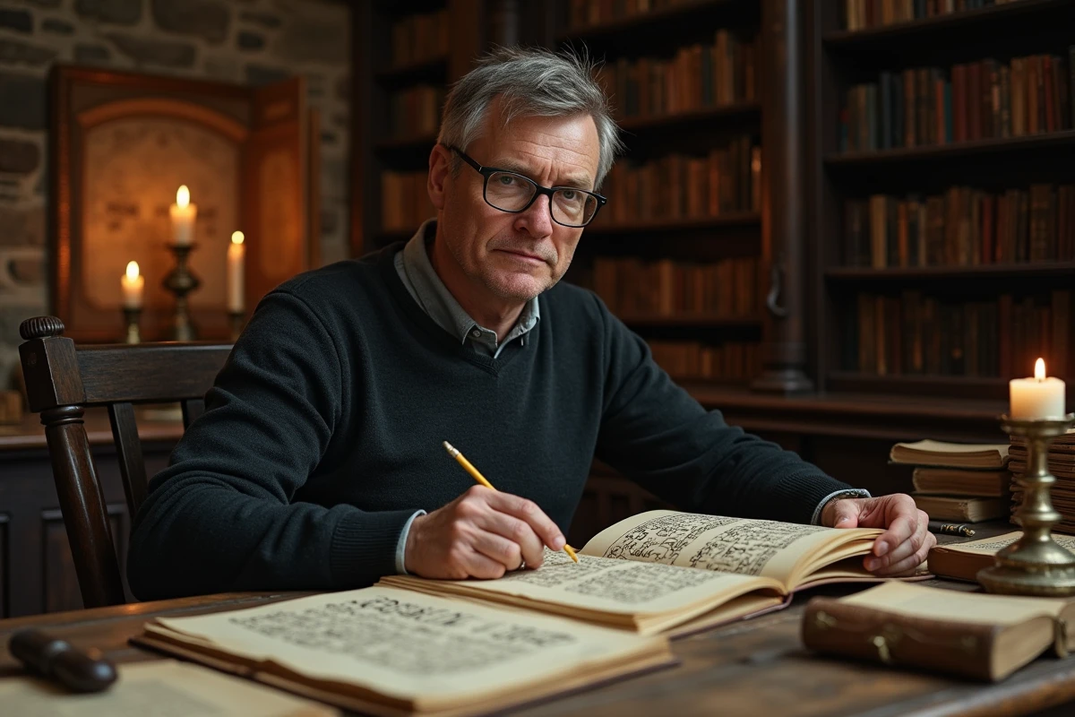 Chercheur étudiant des manuscrits sur la mythologie nordique et les runes dans une bibliothèque médiévale