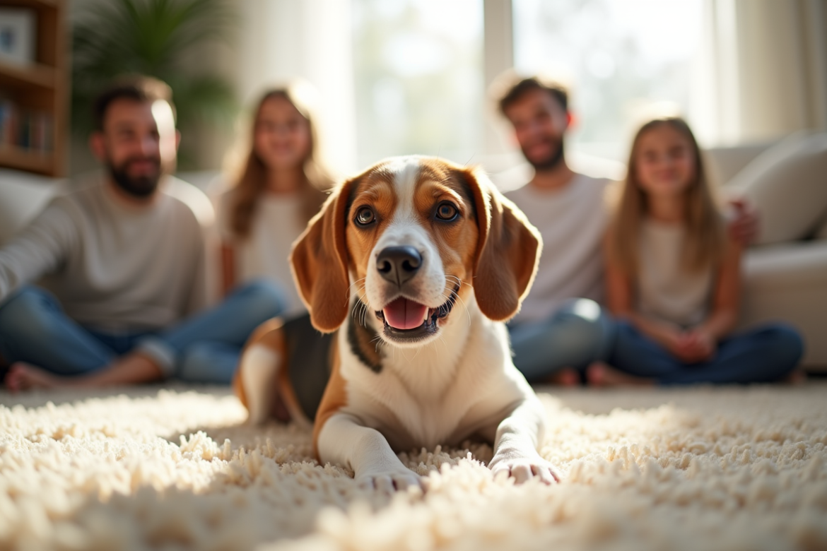 Beagle heureux avec famille dans le salon lumineux