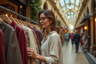 Femme chinant des vêtements vintage dans un passage couvert parisien du XIXe siècle avec arcades en fonte et sol en mosaïque