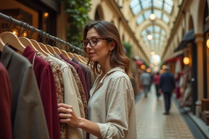 Femme chinant des vêtements vintage dans un passage couvert parisien du XIXe siècle avec arcades en fonte et sol en mosaïque