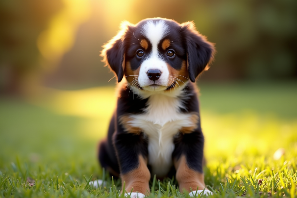 Jeune chiot berger bernois assis dans l'herbe en plein soleil