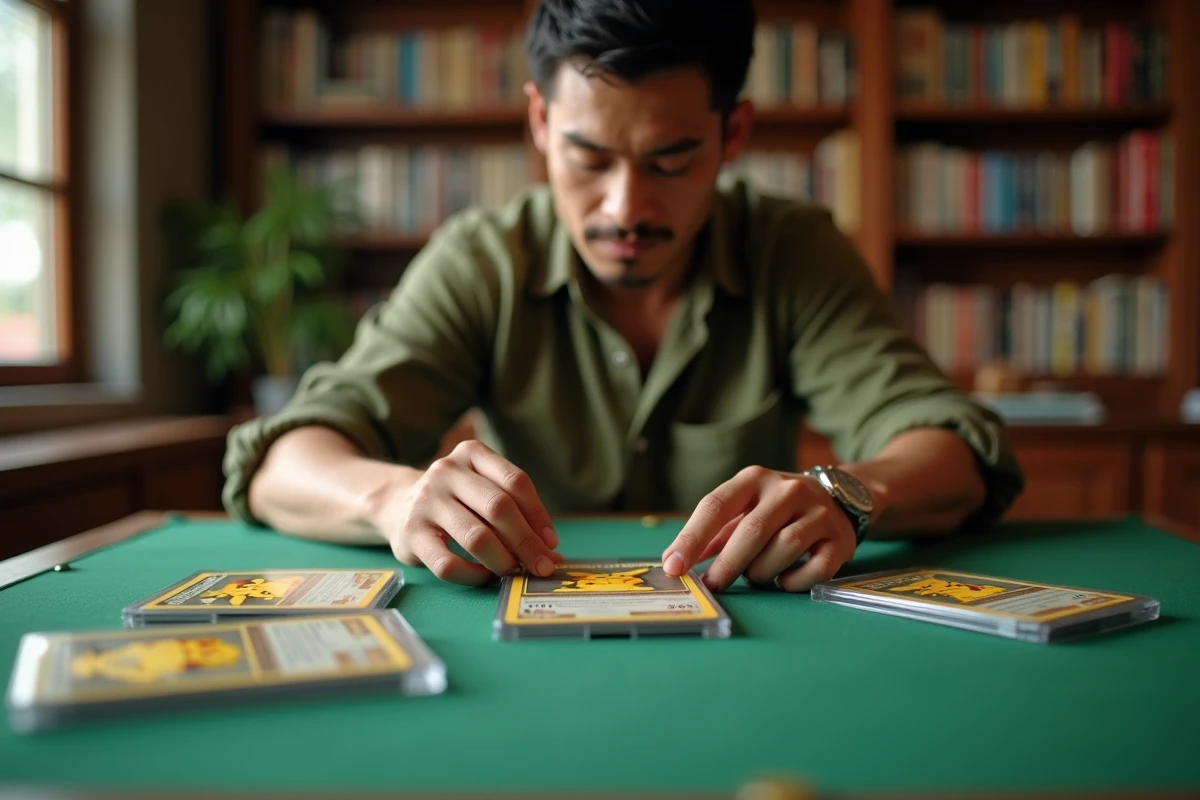 Collectionneur adulte plaçant une carte Pokémon Pikachu rare dans une pochette de protection rigide sur une table de collection