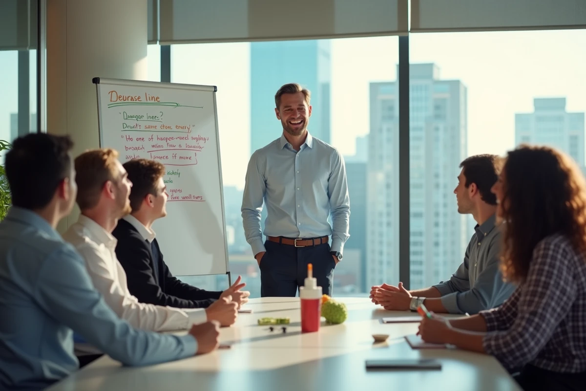 Jeune homme souriant devant un tableau blanc dans un bureau moderne