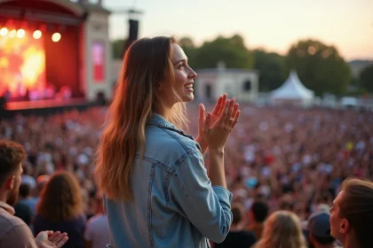 Jeune femme applaudissant lors d'un concert en plein air à Lyon, ambiance festival d'été avec scène illuminée en arrière-plan