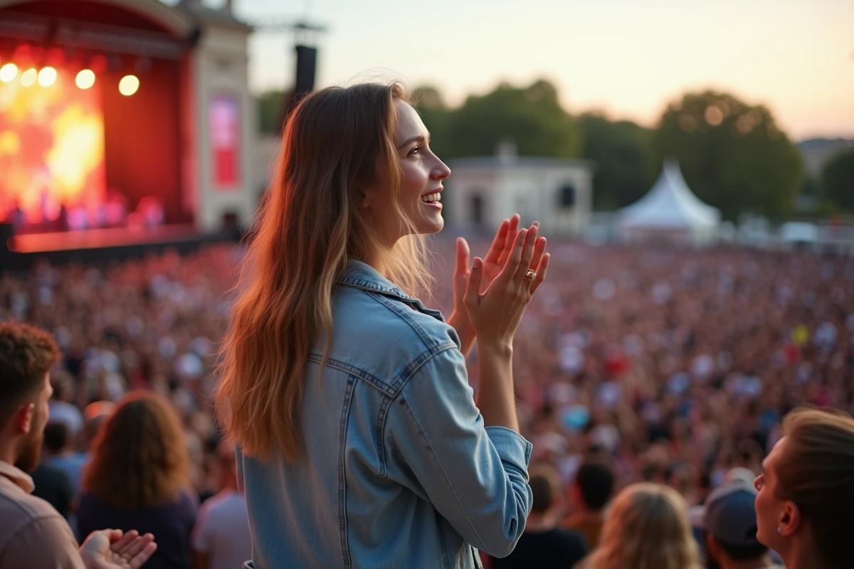 Jeune femme applaudissant lors d'un concert en plein air à Lyon, ambiance festival d'été avec scène illuminée en arrière-plan