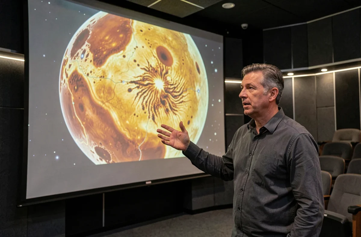 Conférencier présentant la surface volcanique de la lune Io dans un planétarium